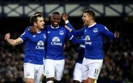LIVERPOOL, ENGLAND - JANUARY 02:  Leighton Baines of Everton celebrates scoring his team's second goal with Enner Valencia (C) and Kevin Mirallas (R) during the Premier League match between Everton and Southampton at Goodison Park on January 2, 2017 in Liverpool, England.  (Photo by Clive Brunskill/Getty Images)